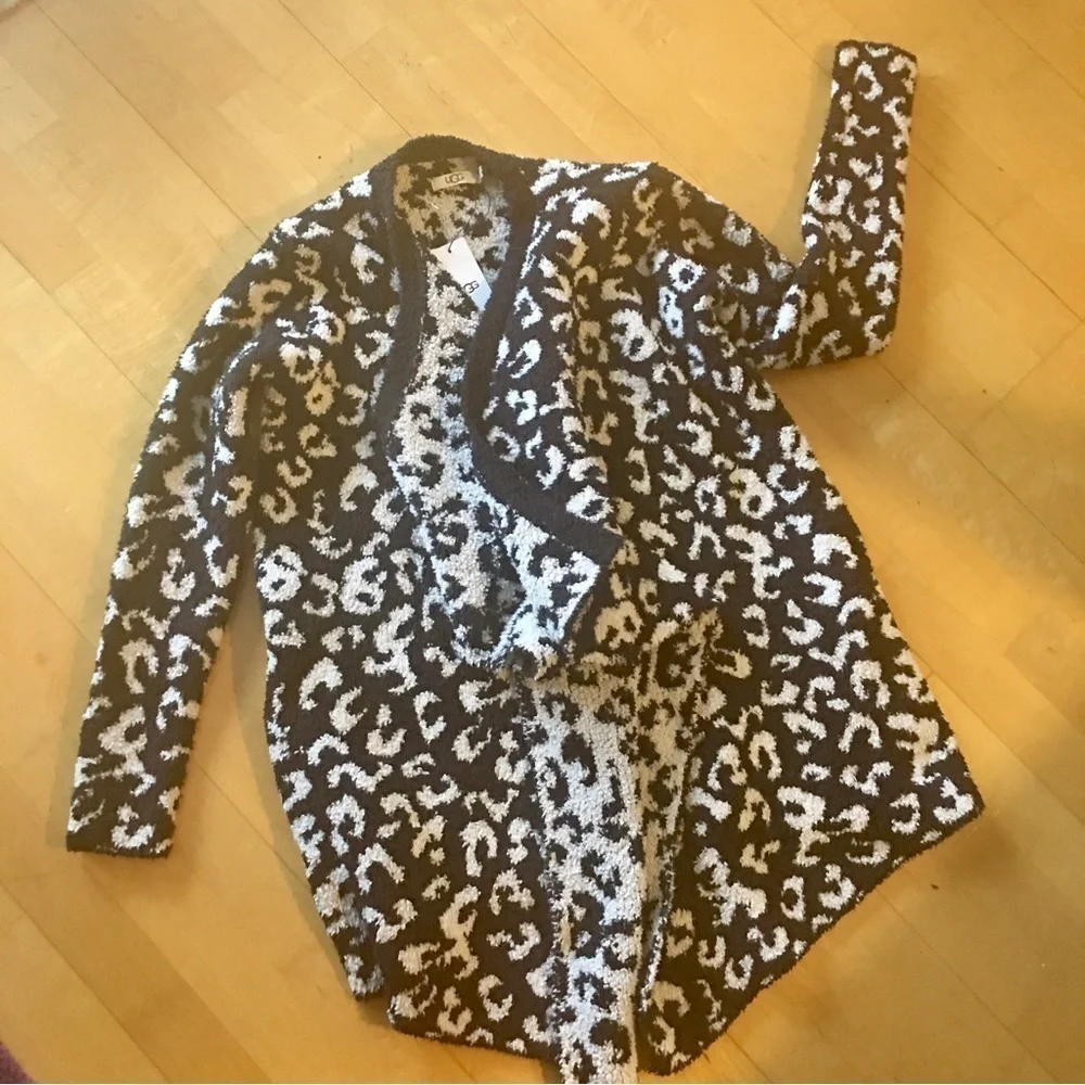 UGG Phoebe Leopard Knit Wrap Cardigan, Black + White, Size S